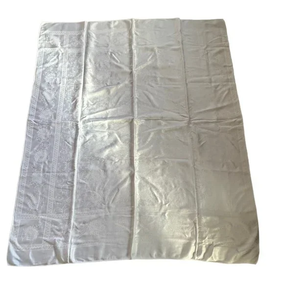 Sold🎈Damask Tablecloth Rectangular Floral Swirl Greek Key Border White - Picture 2 of 11